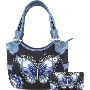 Western Style embroidery butterfly floral leather tote purse women shoulder bag